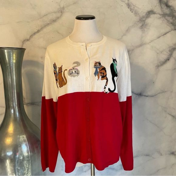 Potpourri Sweaters - 𝅺Potpourri Red & White Cat Appliqué Cardigan Sweater Size 1X